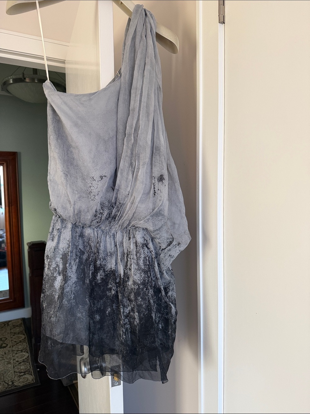 Leon Max Silk Gray Black one shoulder Water Print Cocktail mini Dress Size:S